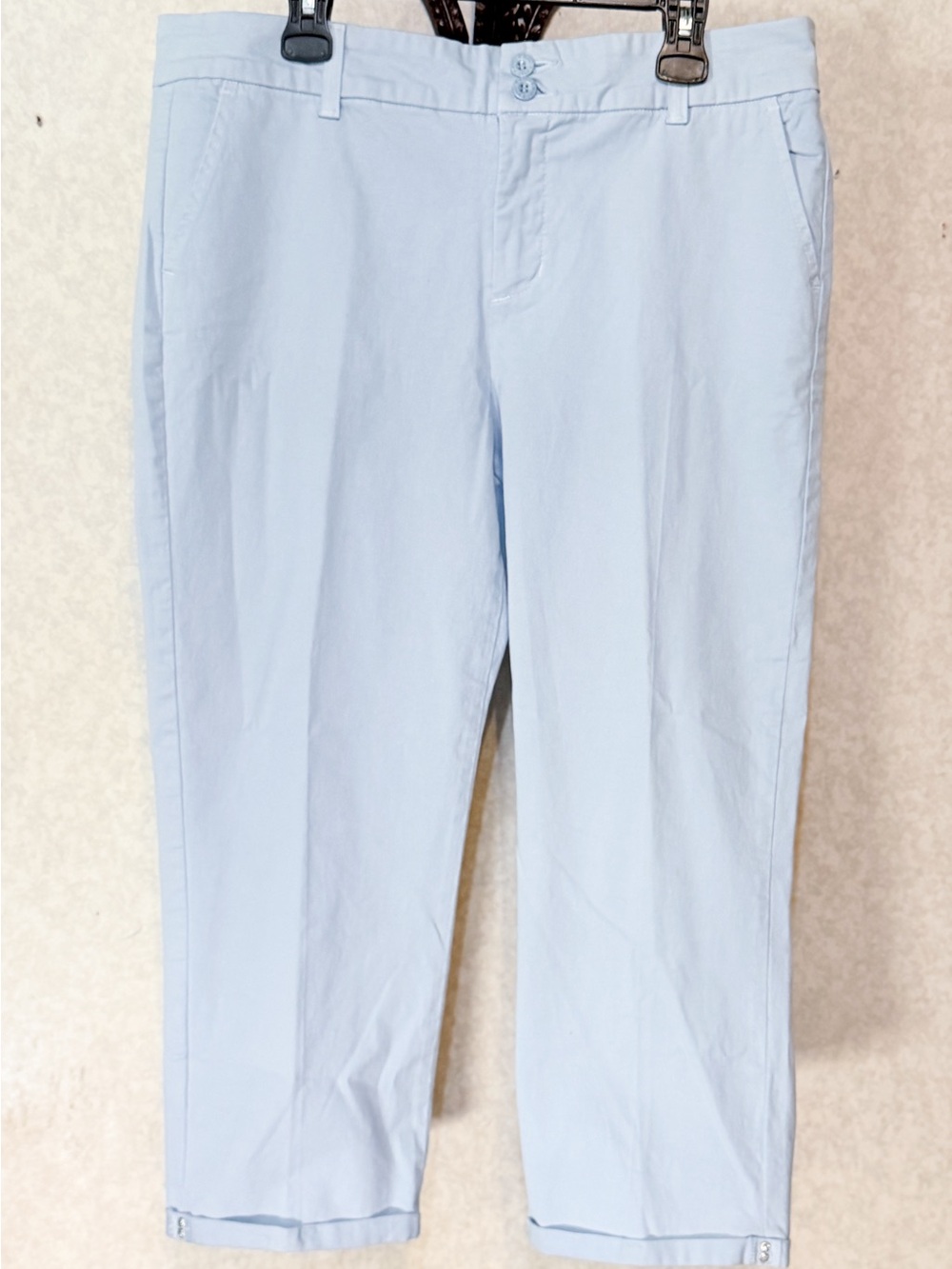 NYDJ Lift Tuck Crop Capri Pants Blue Stretch Cotton Rhinestone Cuff Sz 16 NWOT - Picture 2 of 11